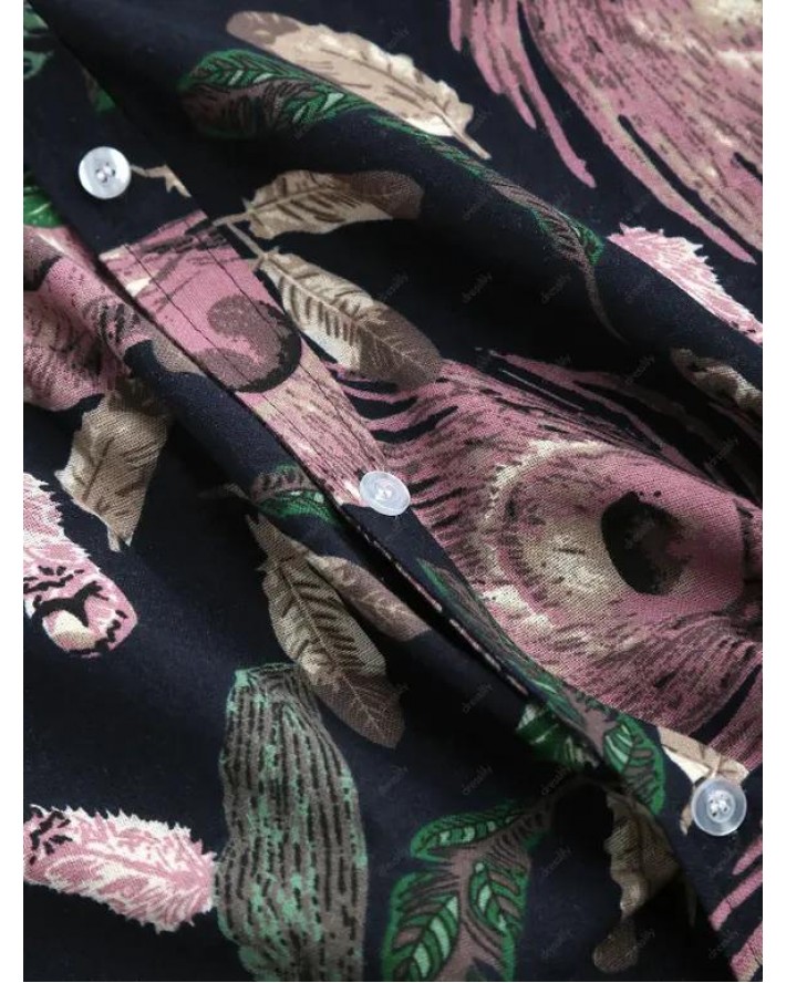 Allover Feather Print Button Up Shirt