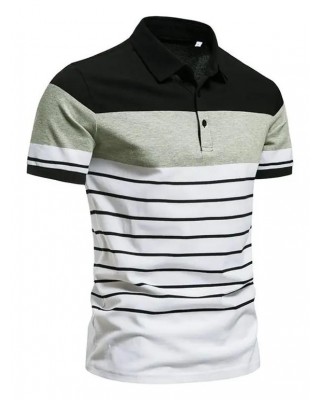 Colorblock Stripe Print A Quarter Button T-shirt Short Sleeve Turndown Collar Sport Casual Tee