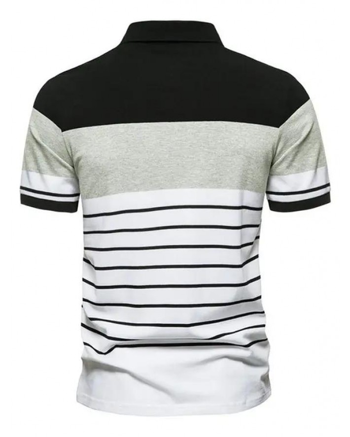 Colorblock Stripe Print A Quarter Button T-shirt Short Sleeve Turndown Collar Sport Casual Tee