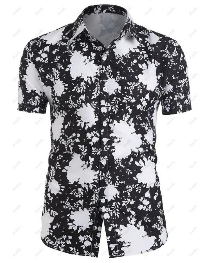 Short Sleeve Leaves Print Vacation Shirt