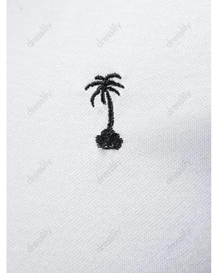 Summer Casual T Shirt Coconut Tree Embroidered Print Half Button Colorblock Turn Down Collar Short Sleeve Tee