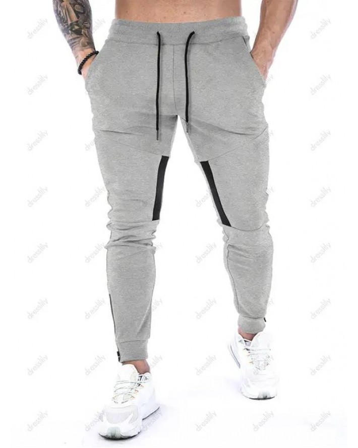 Jogger Pants Patchwork Beam Feet Drawstring Pockets Side Zipper Casual Pants