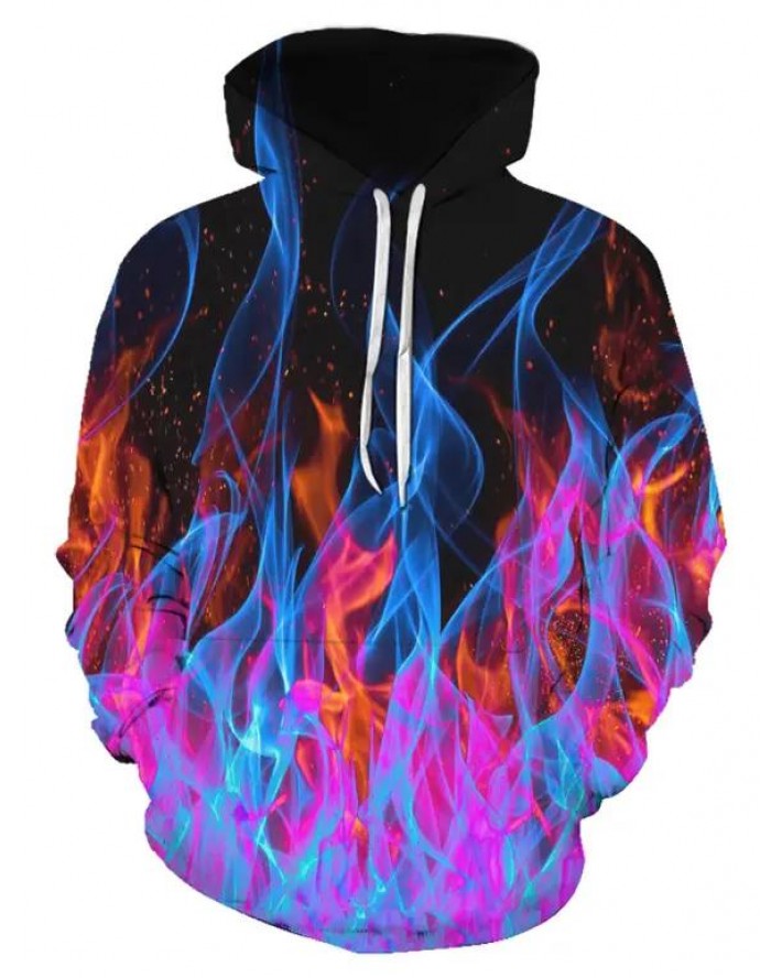 Colorful Fire Flame Print Hoodie Kangaroo Pocket Drawstring Casual Hoodie