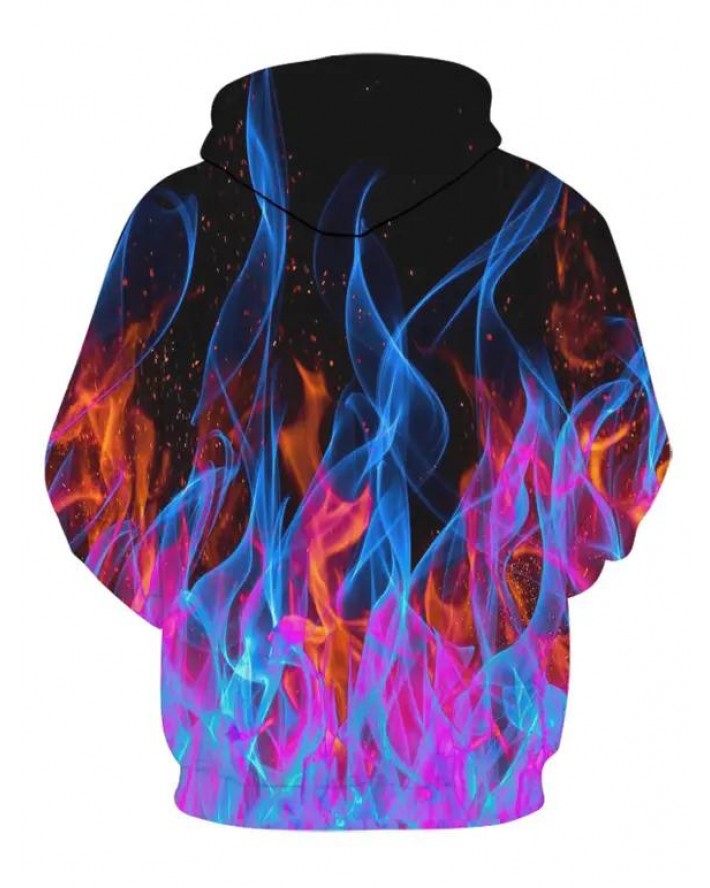 Colorful Fire Flame Print Hoodie Kangaroo Pocket Drawstring Casual Hoodie