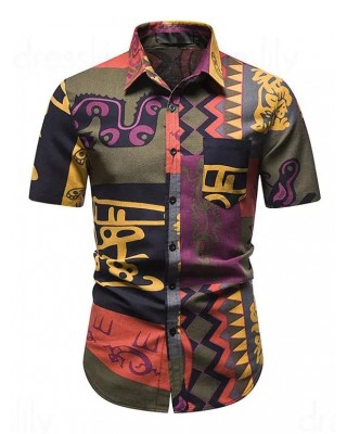 Colored Printed Shirt Turn Down Collar Front Pocket Short Sleeve Casual Shirt