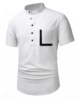 Half Button T Shirt Contrast Color Front Pocket Stand Collar Short Sleeve Tee