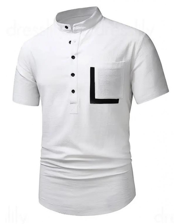 Half Button T Shirt Contrast Color Front Pocket Stand Collar Short Sleeve Tee