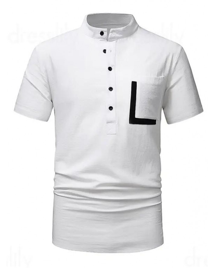 Half Button T Shirt Contrast Color Front Pocket Stand Collar Short Sleeve Tee