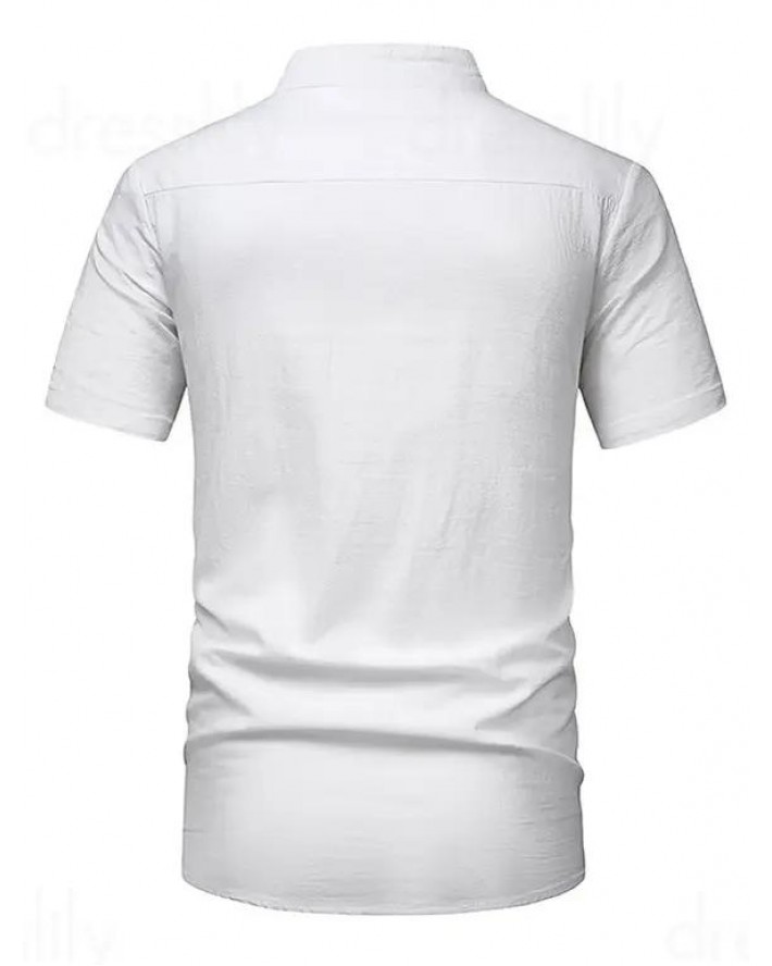 Half Button T Shirt Contrast Color Front Pocket Stand Collar Short Sleeve Tee