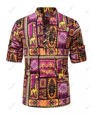 Ethnic Shirt African Print Shirt Lace Up Stand Collar Long Sleeve Casual Shirt