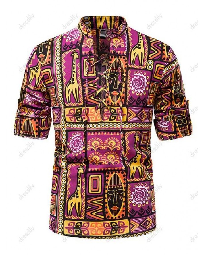 Ethnic Shirt African Print Shirt Lace Up Stand Collar Long Sleeve Casual Shirt