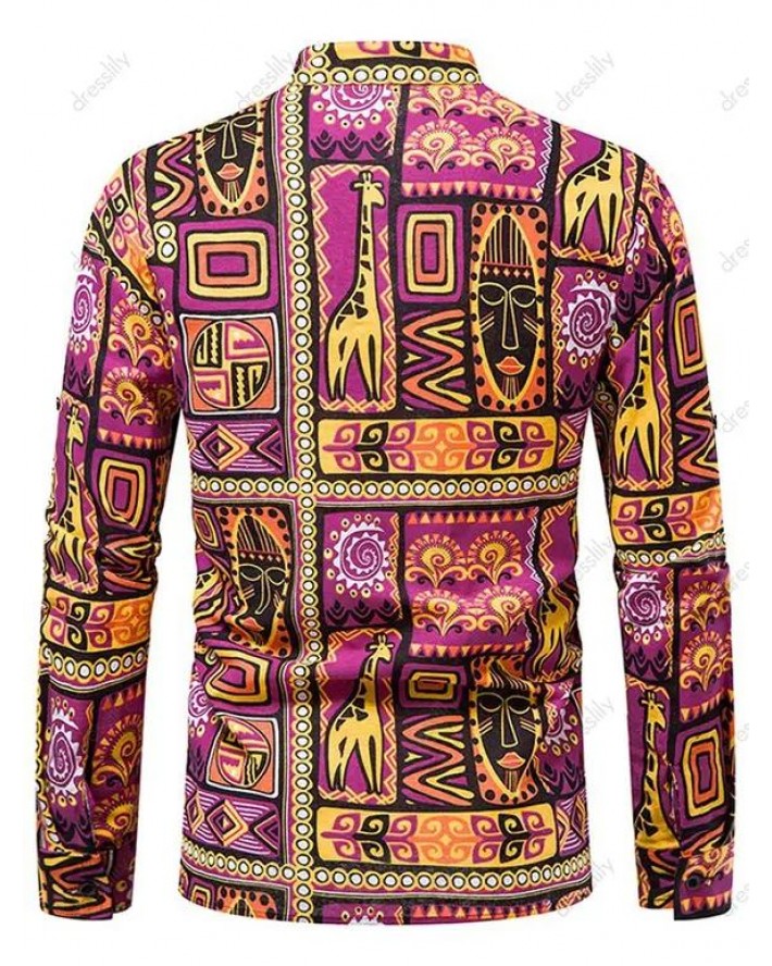 Ethnic Shirt African Print Shirt Lace Up Stand Collar Long Sleeve Casual Shirt