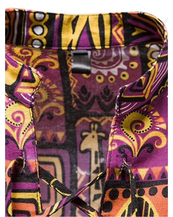 Ethnic Shirt African Print Shirt Lace Up Stand Collar Long Sleeve Casual Shirt