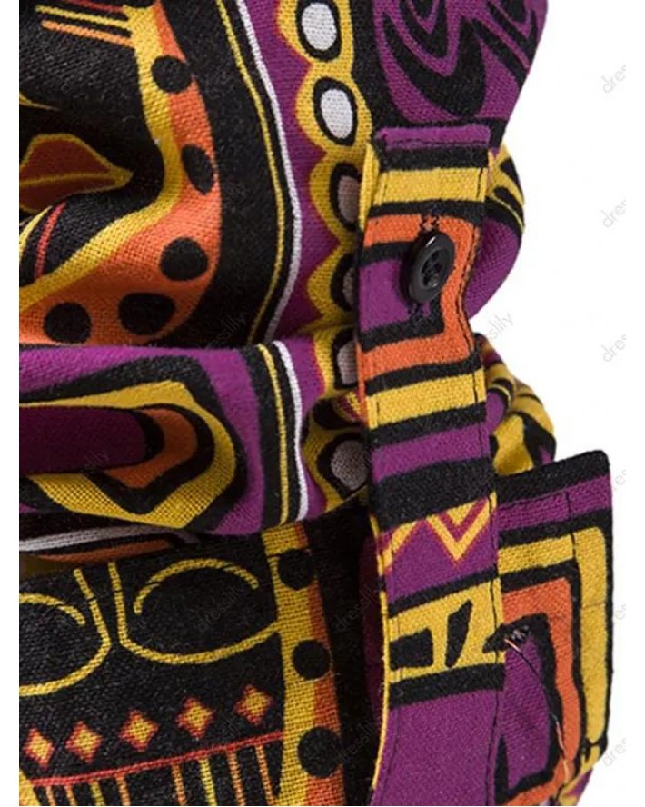 Ethnic Shirt African Print Shirt Lace Up Stand Collar Long Sleeve Casual Shirt