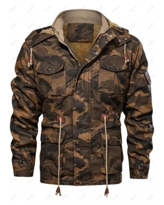 Camouflage Print Toggle Drawstring PU Leather Cargo Jacket