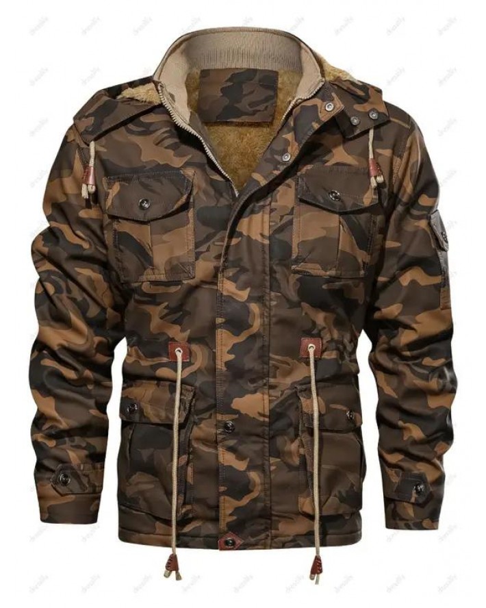 Camouflage Print Toggle Drawstring PU Leather Cargo Jacket