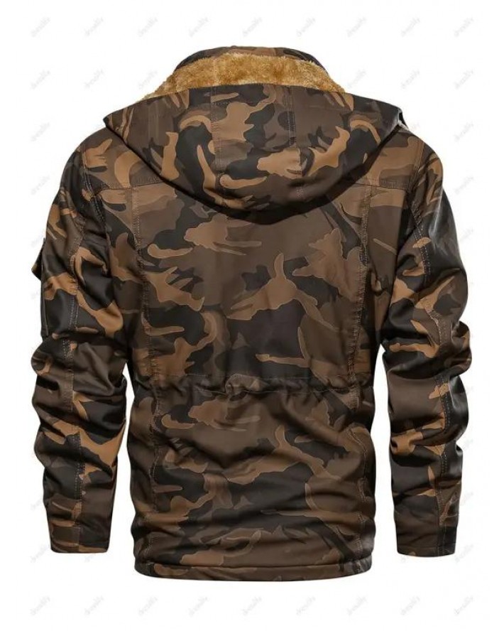Camouflage Print Toggle Drawstring PU Leather Cargo Jacket
