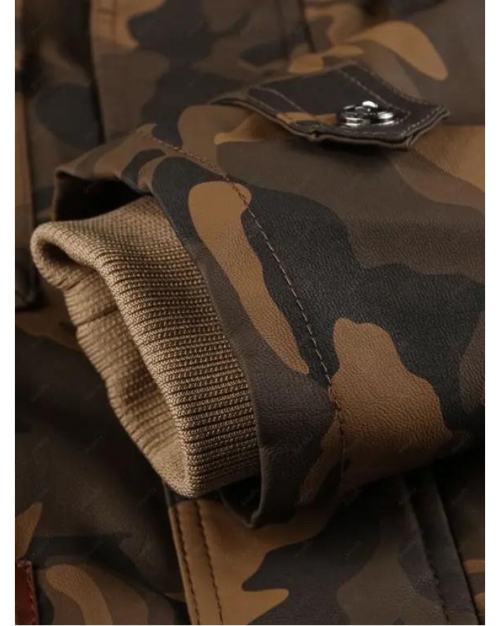 Camouflage Print Toggle Drawstring PU Leather Cargo Jacket