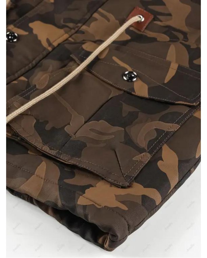 Camouflage Print Toggle Drawstring PU Leather Cargo Jacket