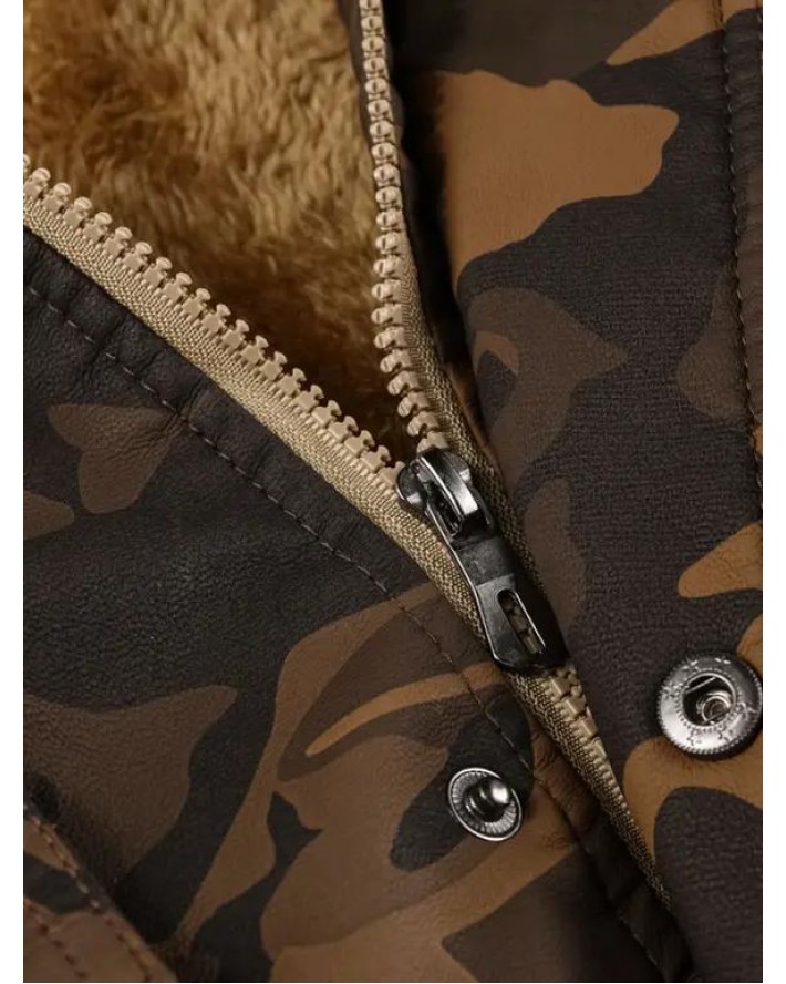 Camouflage Print Toggle Drawstring PU Leather Cargo Jacket