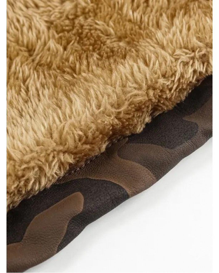 Camouflage Print Toggle Drawstring PU Leather Cargo Jacket