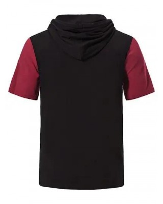 Contrast Colorblock T Shirt Hooded Drawstrings Pockets Summer Casual Tee
