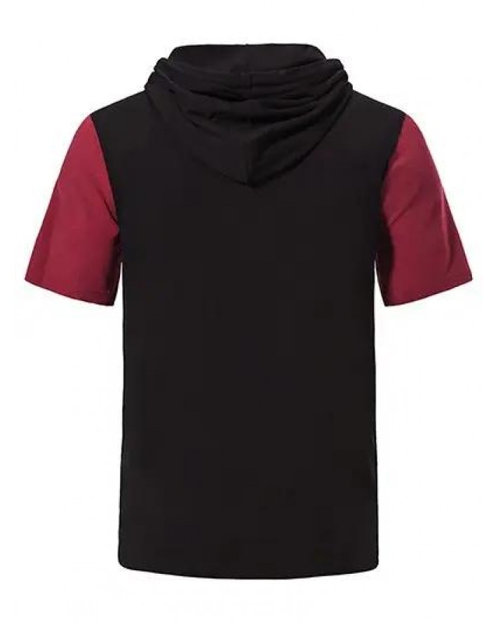 Contrast Colorblock T Shirt Hooded Drawstrings Pockets Summer Casual Tee