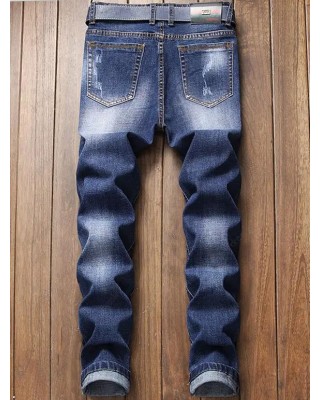 Flower Letter Embroidery Scratches Denim Pants