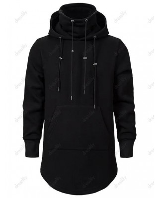 Solid Color Hoodie Pockets Flocking Inner Hoodie Curve Hem Long Sweatshirt With Hood