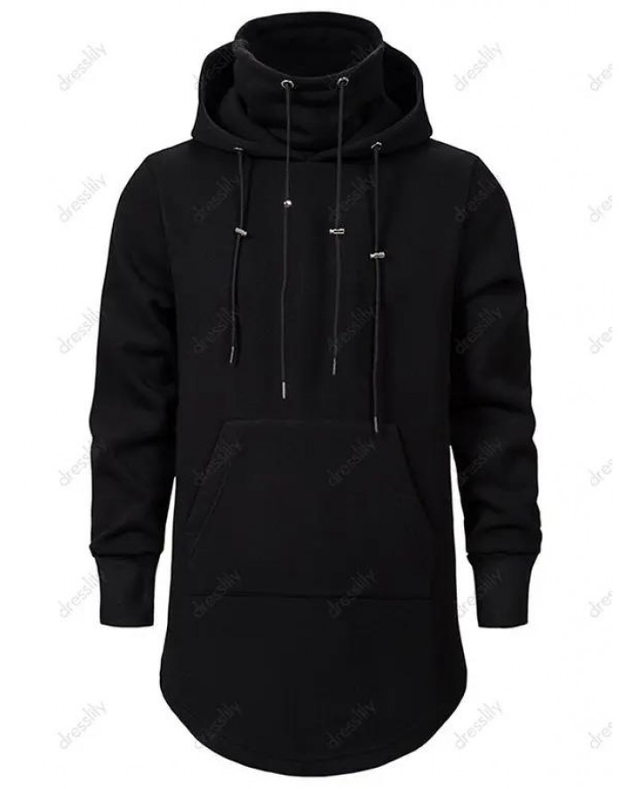 Solid Color Hoodie Pockets Flocking Inner Hoodie Curve Hem Long Sweatshirt With Hood