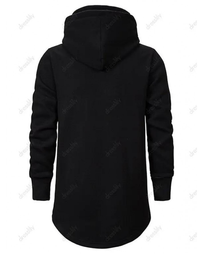 Solid Color Hoodie Pockets Flocking Inner Hoodie Curve Hem Long Sweatshirt With Hood