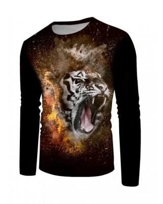 Tiger Printed T Shirt Animal Round Neck Long Sleeve Casual Tee