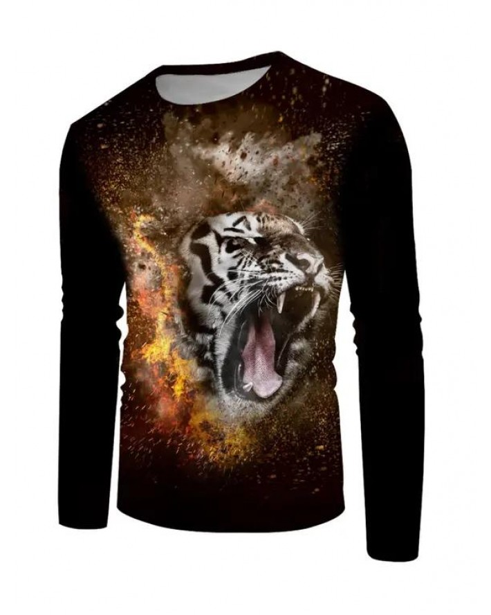 Tiger Printed T Shirt Animal Round Neck Long Sleeve Casual Tee