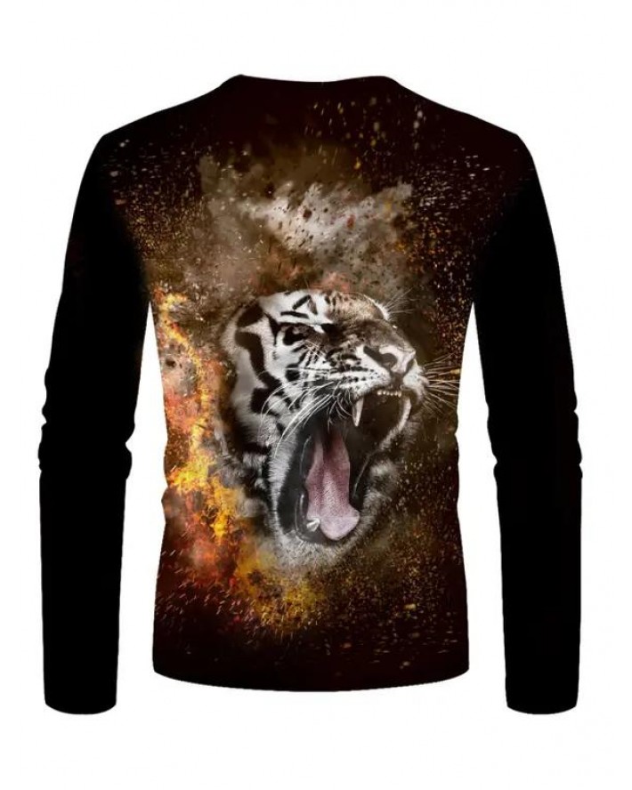 Tiger Printed T Shirt Animal Round Neck Long Sleeve Casual Tee