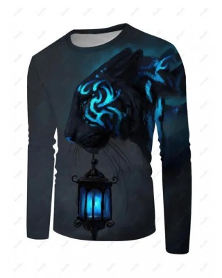 Animal Lantern Print T Shirt Round Neck Long Sleeve Casual Tee