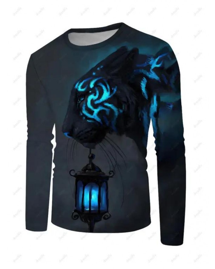 Animal Lantern Print T Shirt Round Neck Long Sleeve Casual Tee