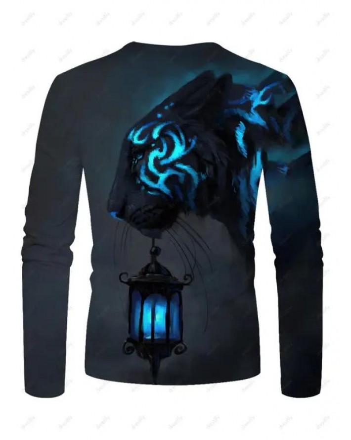 Animal Lantern Print T Shirt Round Neck Long Sleeve Casual Tee