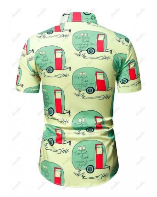 Cartoon Car Print Short Sleeve Vacation Shirt
