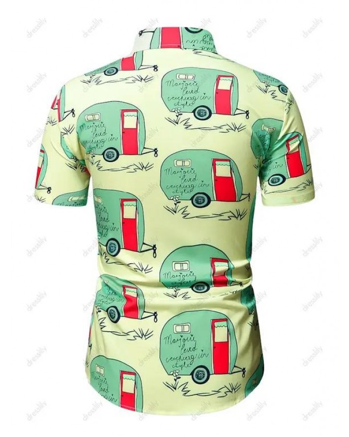 Cartoon Car Print Short Sleeve Vacation Shirt