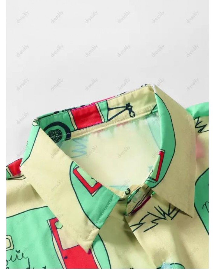 Cartoon Car Print Short Sleeve Vacation Shirt