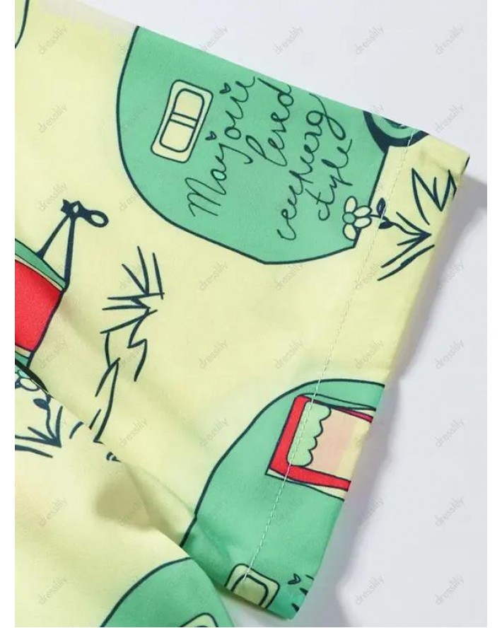 Cartoon Car Print Short Sleeve Vacation Shirt