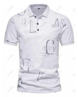 Casual T Shirt Letter Print Half Button Short Sleeve Turn Down Collar Summer Tee