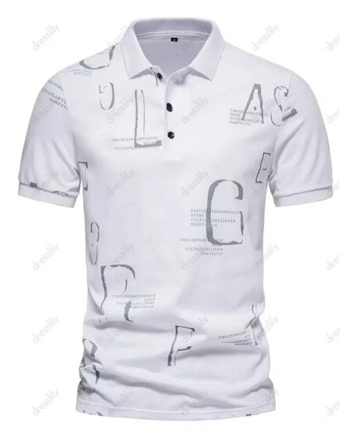 Casual T Shirt Letter Print Half Button Short Sleeve Turn Down Collar Summer Tee