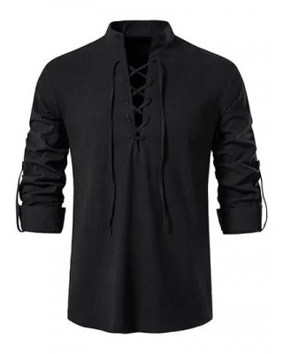 Casual Shirt Solid Color Lace Up Long Sleeve Turn Down Collar Shirt