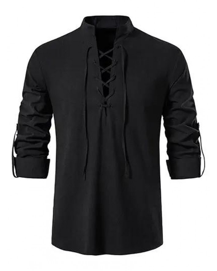 Casual Shirt Solid Color Lace Up Long Sleeve Turn Down Collar Shirt