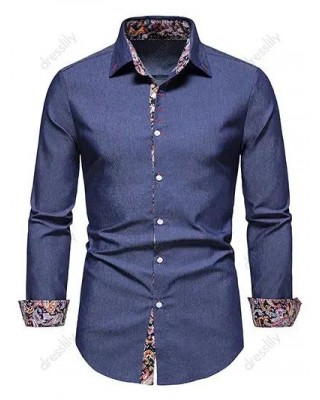 Casual Shirt Chambray Paisley Print Insert Long Sleeve Turn Down Collar Button-up Shirt