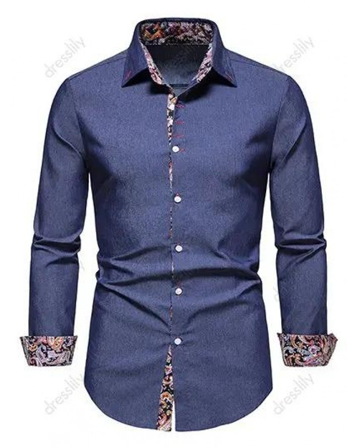 Casual Shirt Chambray Paisley Print Insert Long Sleeve Turn Down Collar Button-up Shirt
