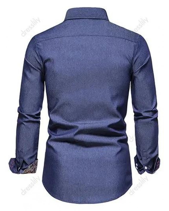 Casual Shirt Chambray Paisley Print Insert Long Sleeve Turn Down Collar Button-up Shirt