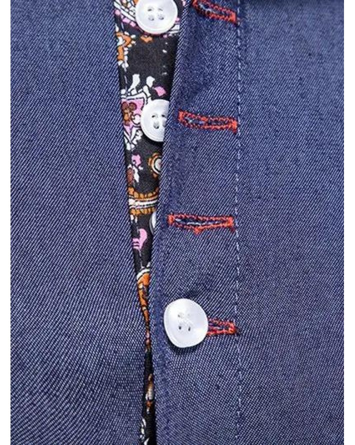 Casual Shirt Chambray Paisley Print Insert Long Sleeve Turn Down Collar Button-up Shirt