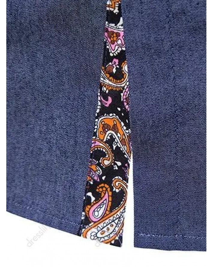 Casual Shirt Chambray Paisley Print Insert Long Sleeve Turn Down Collar Button-up Shirt